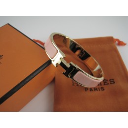 Hermes Pink Enamel Clic H Bracelet Narrow Width (12mm) In Gold